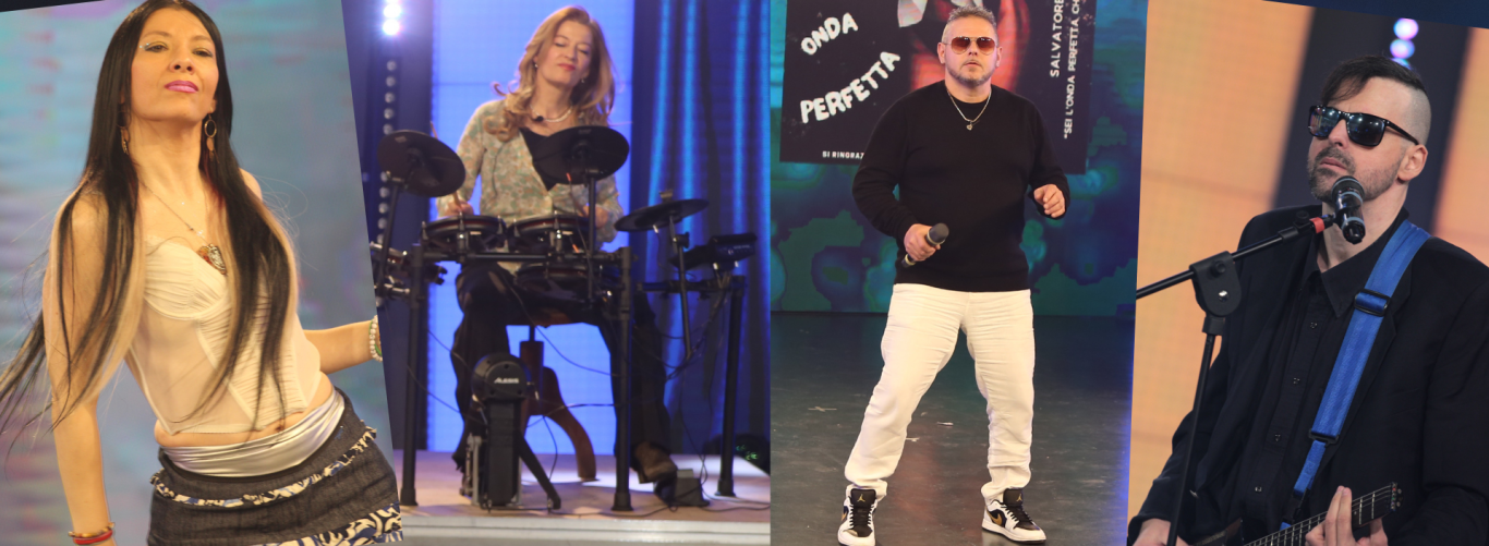 Band performing on stage with a guitarist, vocalist, drummer, and keyboardist.